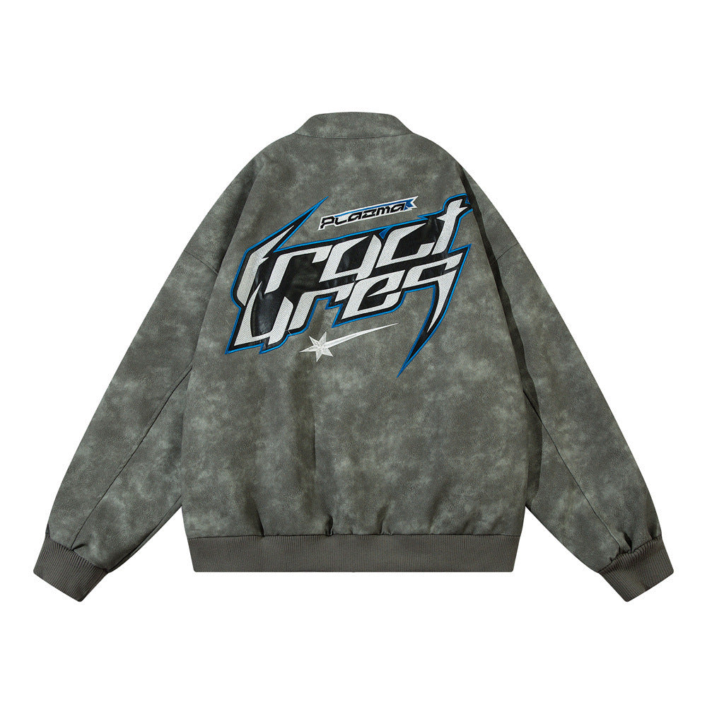 Men's Embroidered Letter Motorcycle Suit Leather Jacket