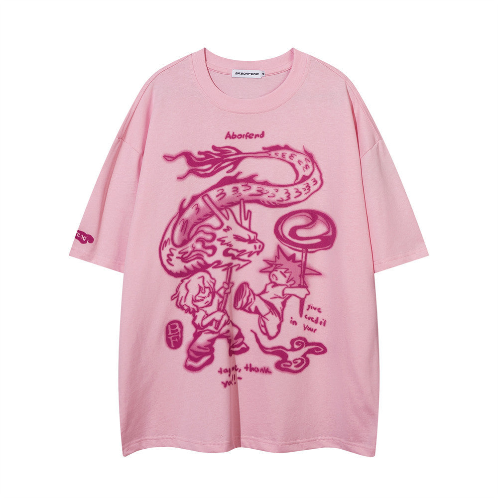 Zodiac Dragon Short Sleeve Men's High Street Cartoon Print