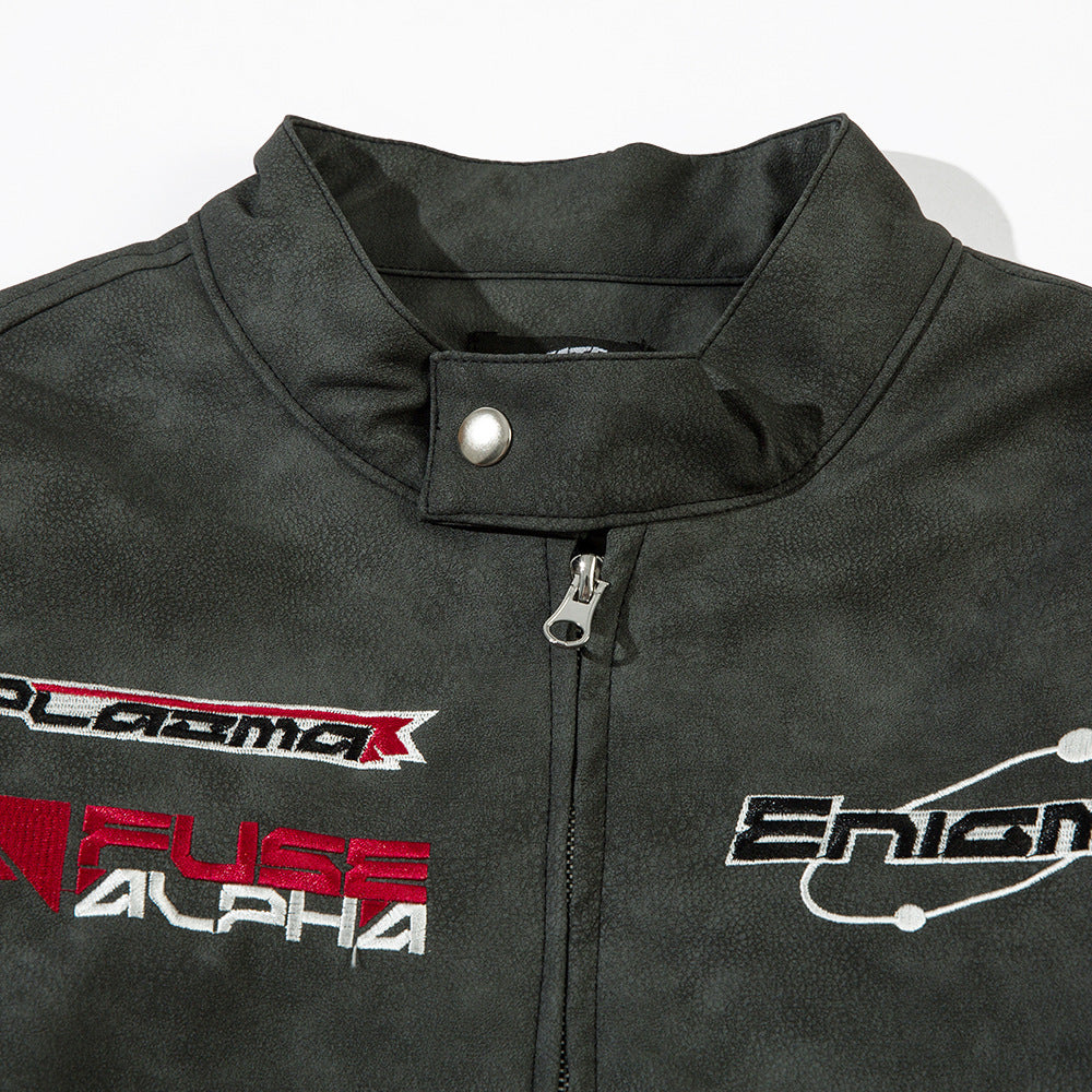Men's Embroidered Letter Motorcycle Suit Leather Jacket