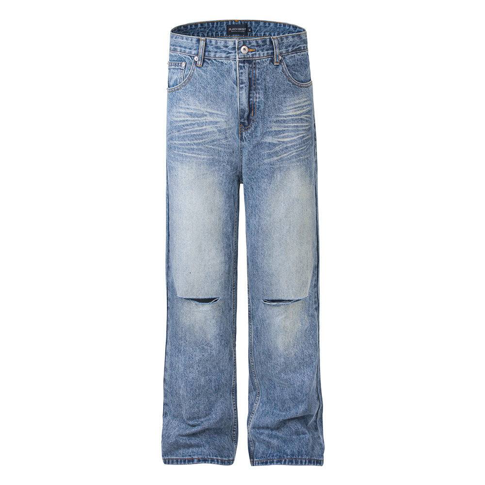 American-style White Ripped Straight Jeans