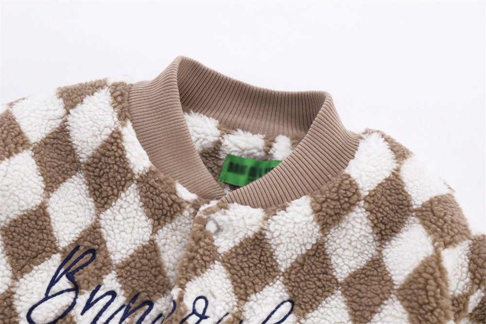 Rhombus Plaid Lambswool Warm And Loose Cotton-padded Coat