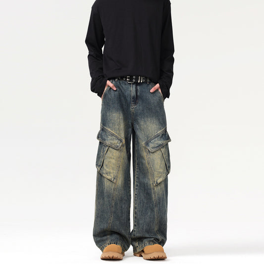 American-style Retro Patchwork Multi-pocket Design Overalls