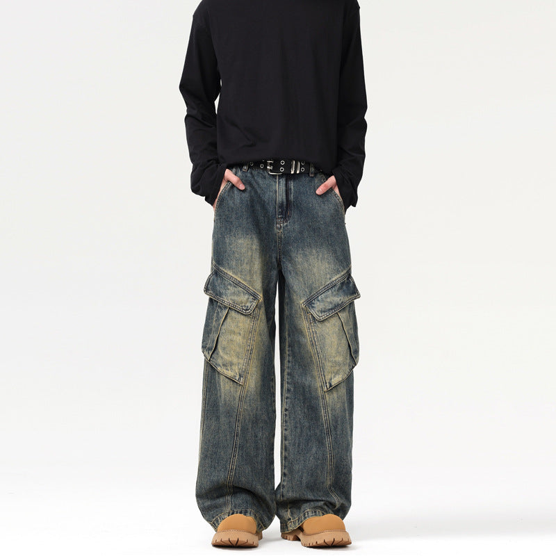 American-style Retro Patchwork Multi-pocket Design Overalls