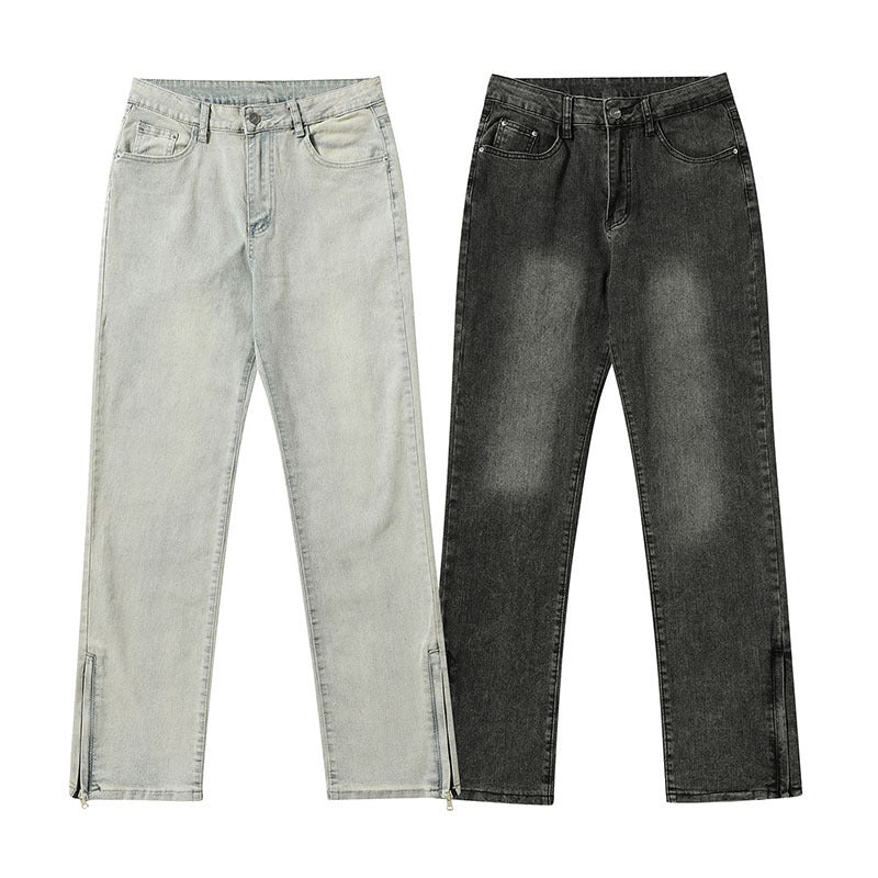 Washed Distressed Side Zipper Jeans