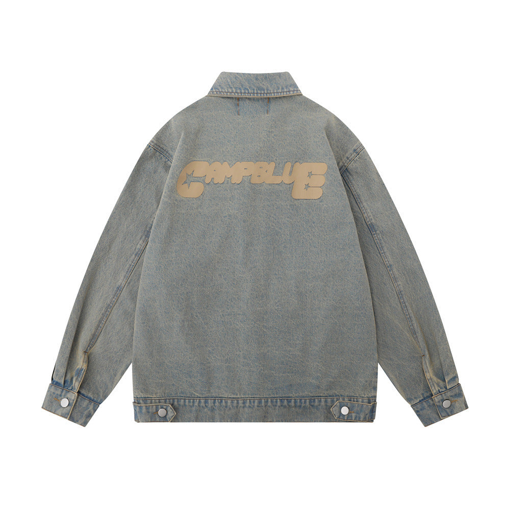 Letter Pattern Denim Coat Men's Autumn And Winter Clothing Loose Shabby Denim Coat