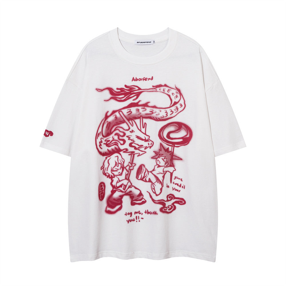 Zodiac Dragon Short Sleeve Men's High Street Cartoon Print