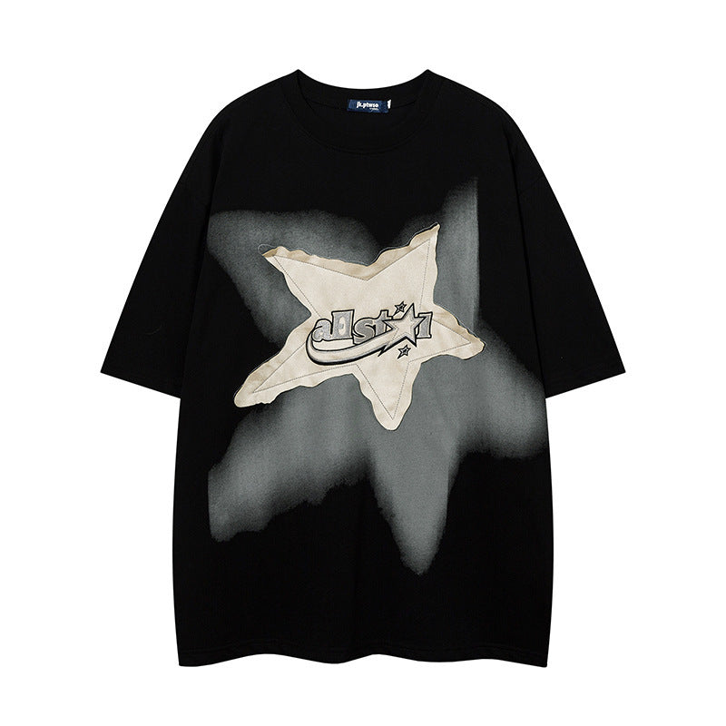American  Patch Short Sleeve Retro Hip Hop Loose Half-sleeved T-shirt