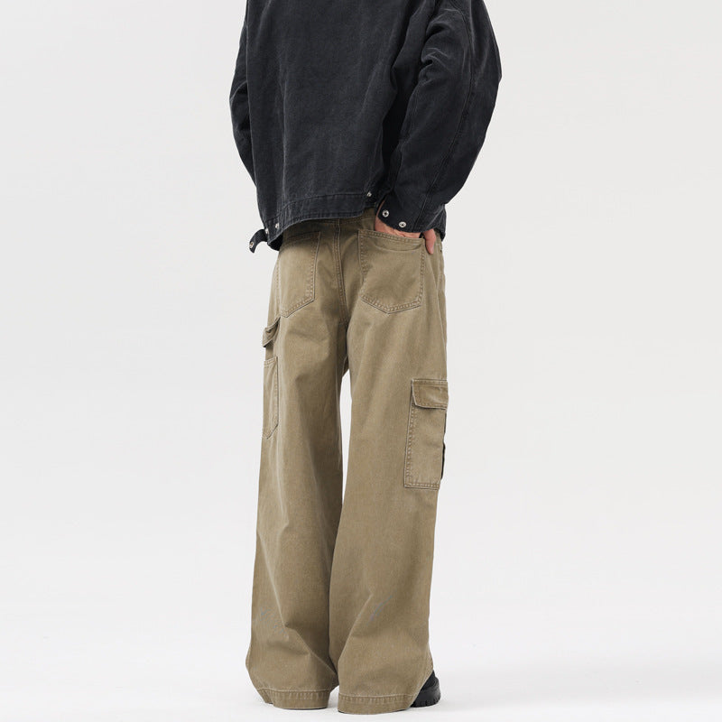 Washed Distressed Stitching Overalls Loose Straight Casual