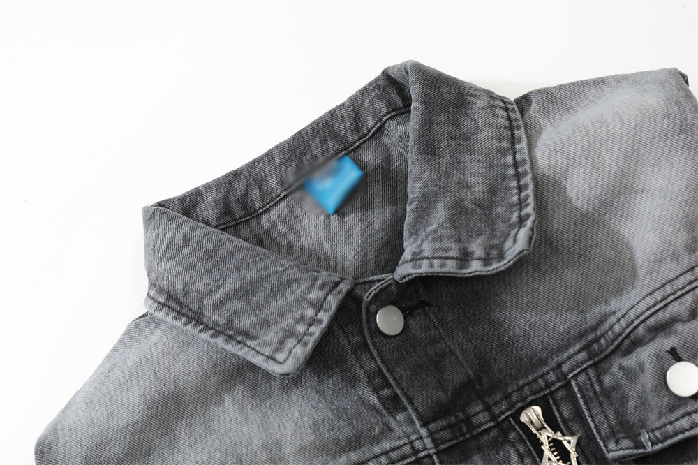 American Style Retro Washed Distressed Denim Jacket Men's Zipper Ruffle Handsome Stylish Brand Workwear Jacket