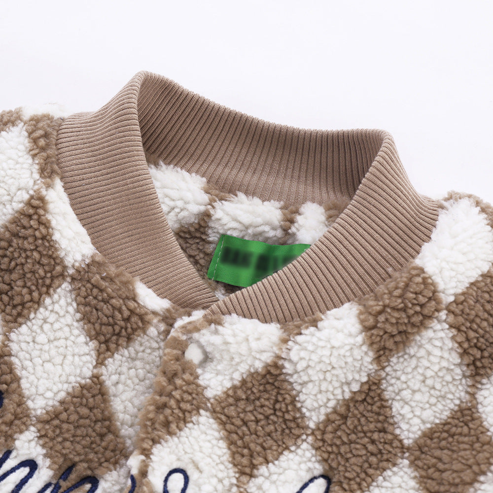 Rhombus Plaid Lambswool Warm And Loose Cotton-padded Coat