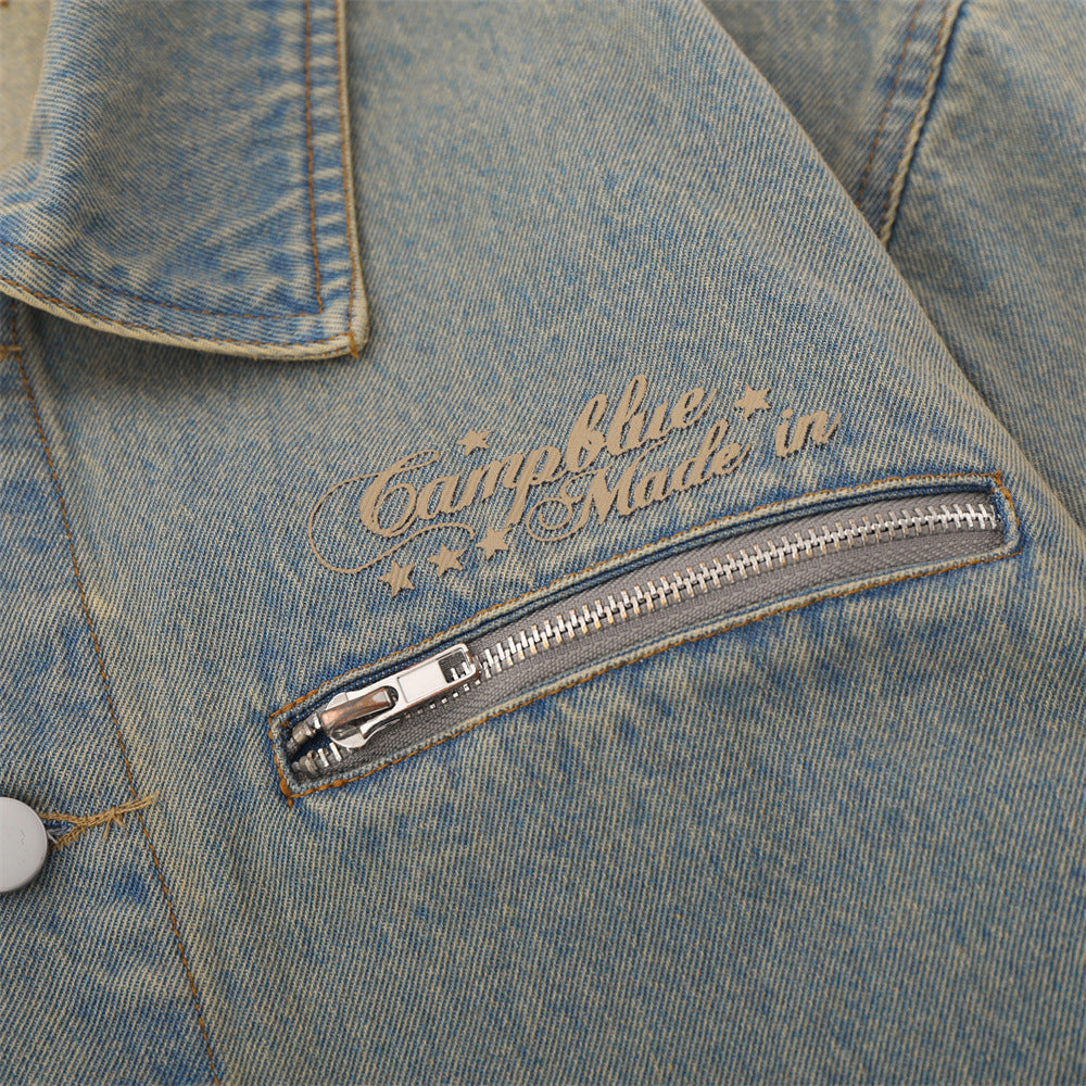 Letter Pattern Denim Coat Men's Autumn And Winter Clothing Loose Shabby Denim Coat