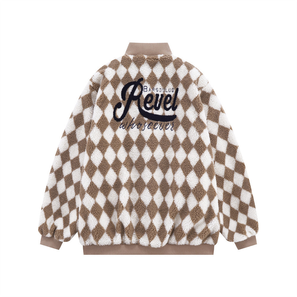 Rhombus Plaid Lambswool Warm And Loose Cotton-padded Coat