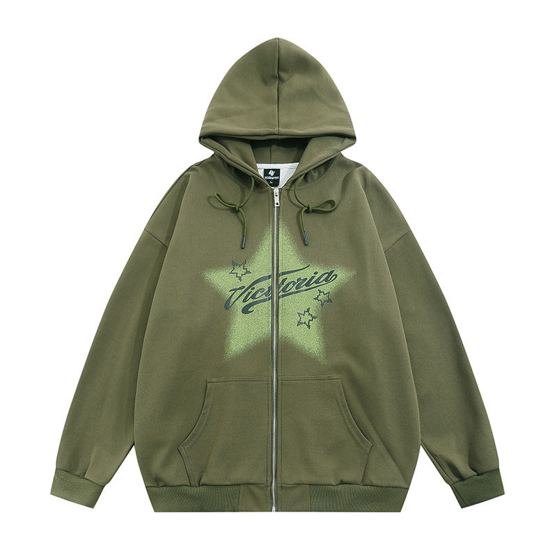 Street American Five-pointed Star Printing Hooded Cardigan Sweater Men