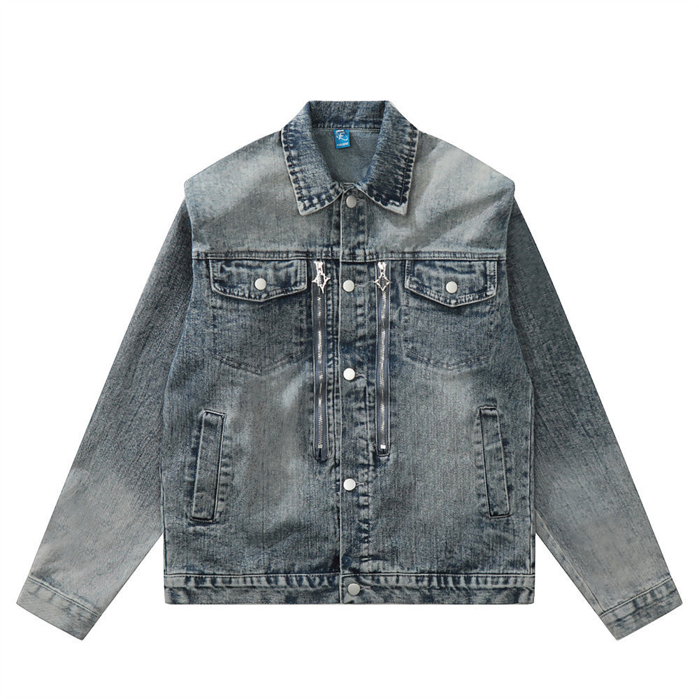 American Style Retro Washed Distressed Denim Jacket Men's Zipper Ruffle Handsome Stylish Brand Workwear Jacket