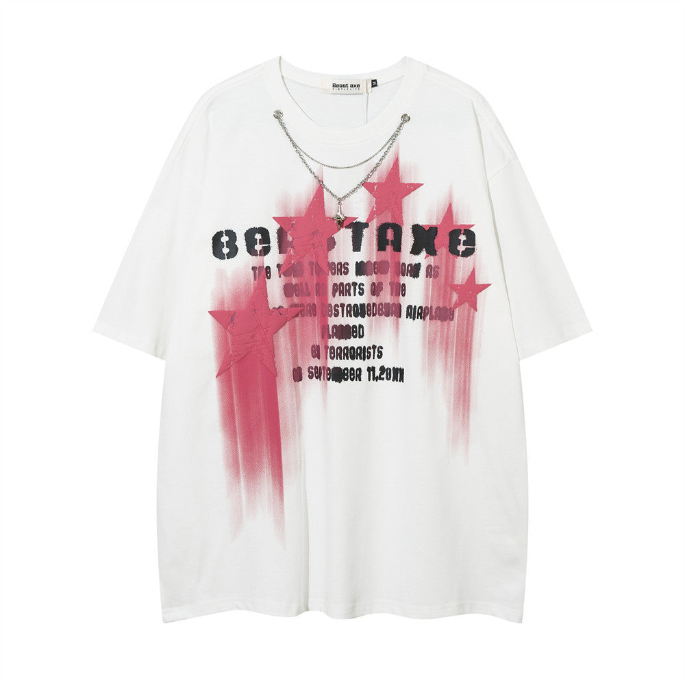 Niche High Street Design Five-pointed Star Puff Print Necklace T-shirt