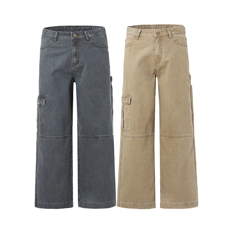 Washed Distressed Stitching Overalls Loose Straight Casual