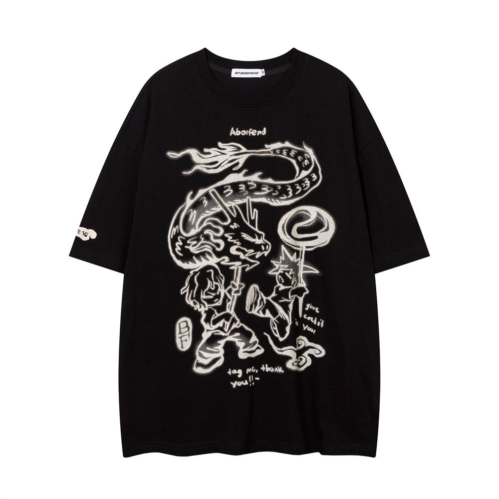 Zodiac Dragon Short Sleeve Men's High Street Cartoon Print