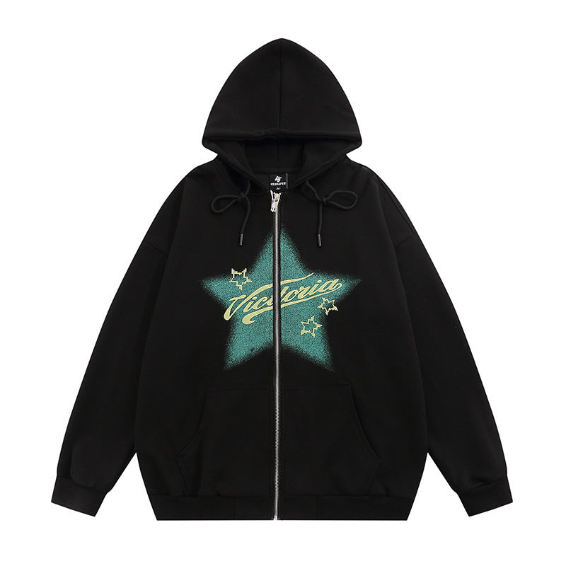 Street American Five-pointed Star Printing Hooded Cardigan Sweater Men