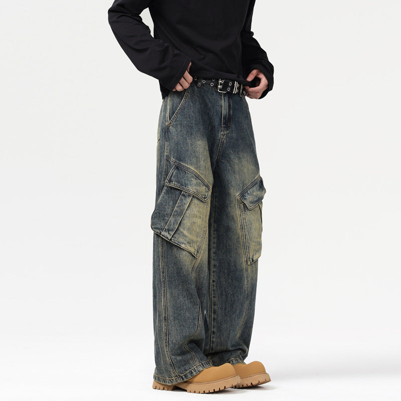 American-style Retro Patchwork Multi-pocket Design Overalls