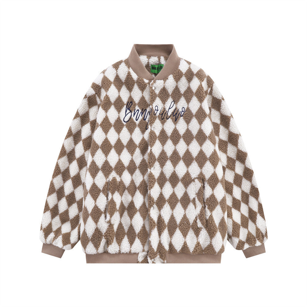 Rhombus Plaid Lambswool Warm And Loose Cotton-padded Coat