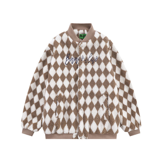 Rhombus Plaid Lambswool Warm And Loose Cotton-padded Coat