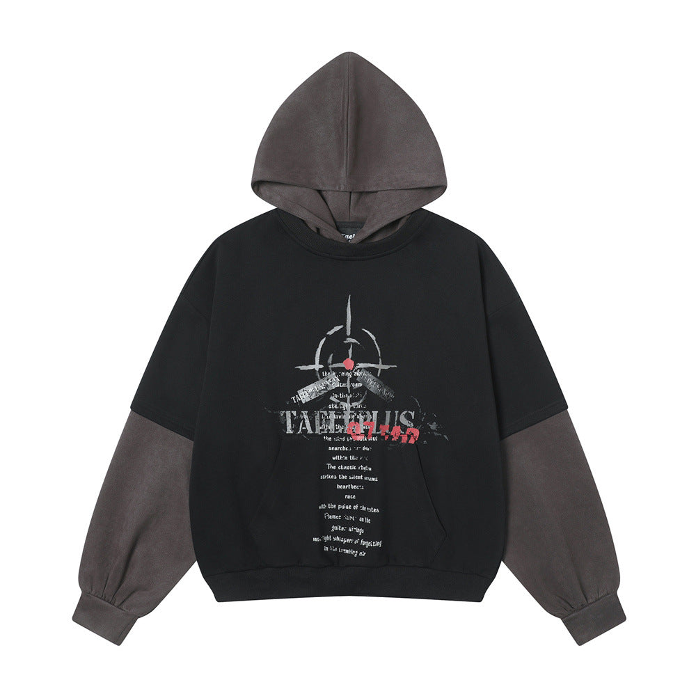 Printed False Two-piece Pullover Patchwork Hoodie Men