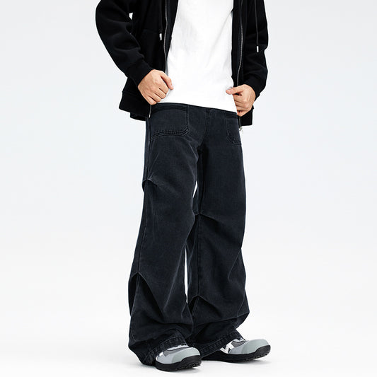 Paratrooper Patchwork Easy Matching Straight-leg Pants Black Jeans