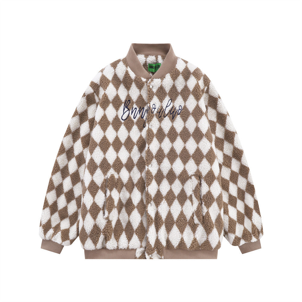 Rhombus Plaid Lambswool Warm And Loose Cotton-padded Coat