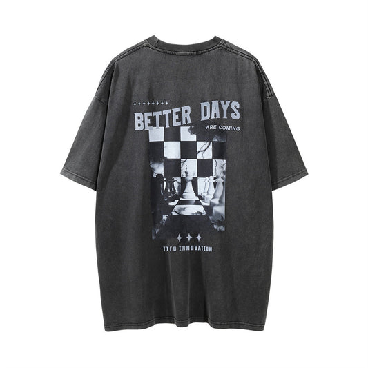 Chess Printed Distressed Washed Short-sleeved T-shirt