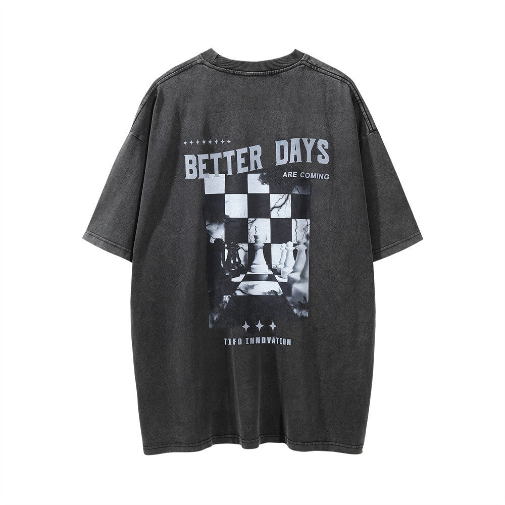 Chess Printed Distressed Washed Short-sleeved T-shirt