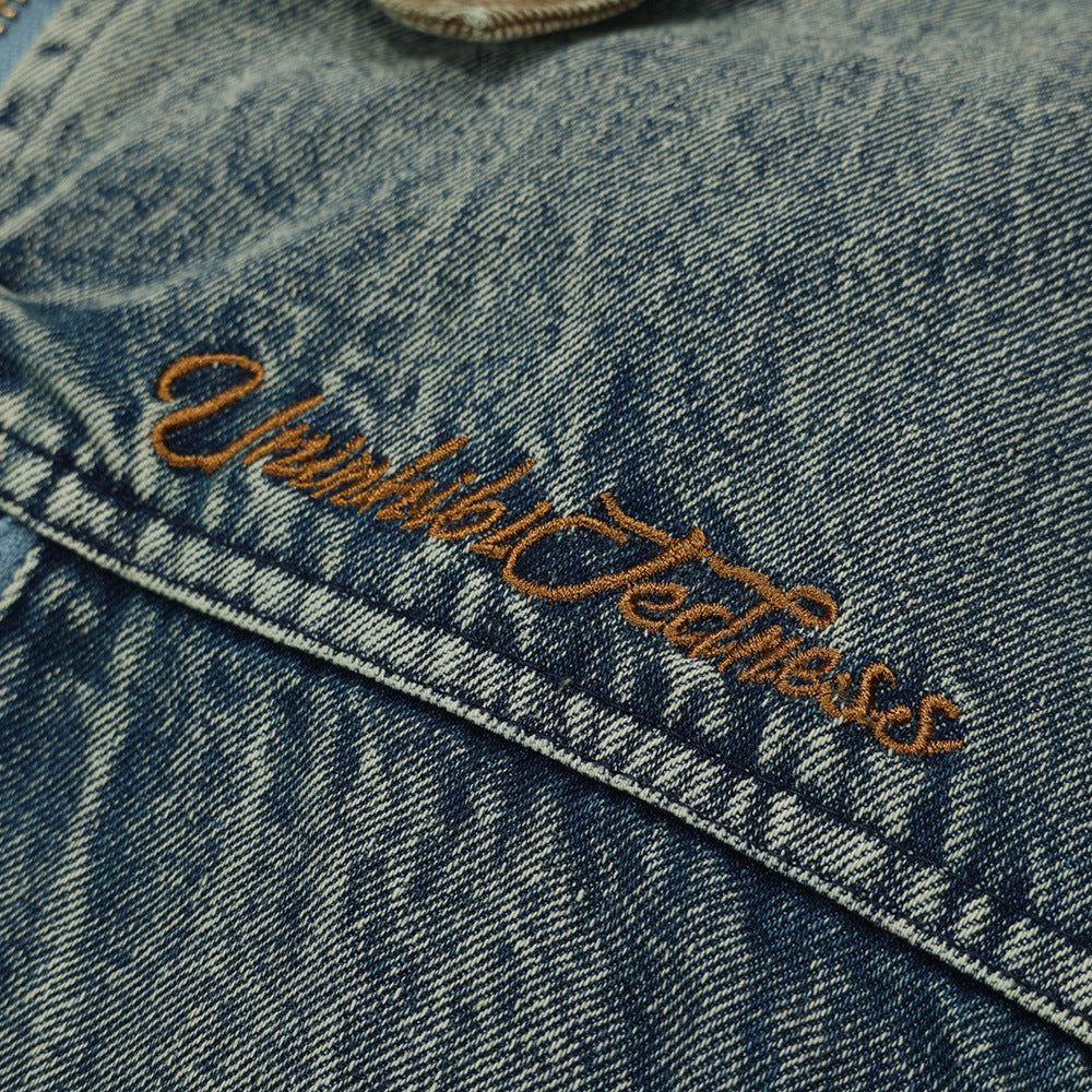 Color Stitching Turnover Neck Denim Puffer Jacket