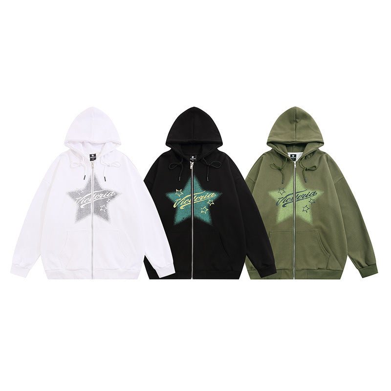 Street American Five-pointed Star Printing Hooded Cardigan Sweater Men