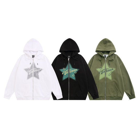 Street American Five-pointed Star Printing Hooded Cardigan Sweater Men