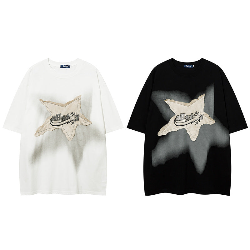 American  Patch Short Sleeve Retro Hip Hop Loose Half-sleeved T-shirt