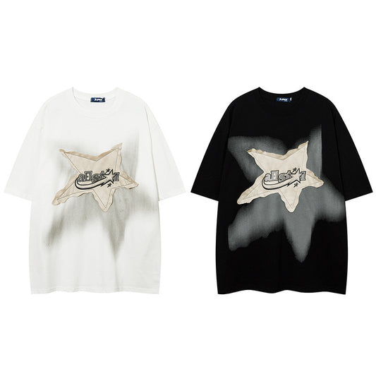 American  Patch Short Sleeve Retro Hip Hop Loose Half-sleeved T-shirt