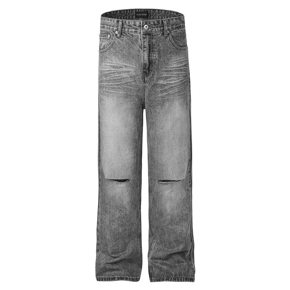 American-style White Ripped Straight Jeans