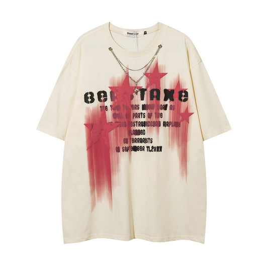 Niche High Street Design Five-pointed Star Puff Print Necklace T-shirt