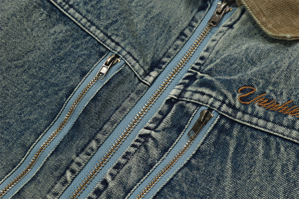 Color Stitching Turnover Neck Denim Puffer Jacket