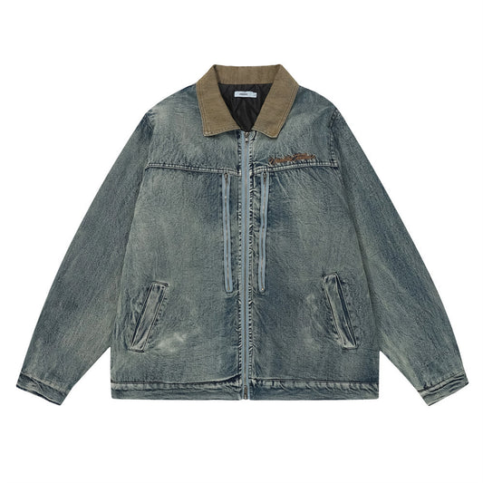 Color Stitching Turnover Neck Denim Puffer Jacket