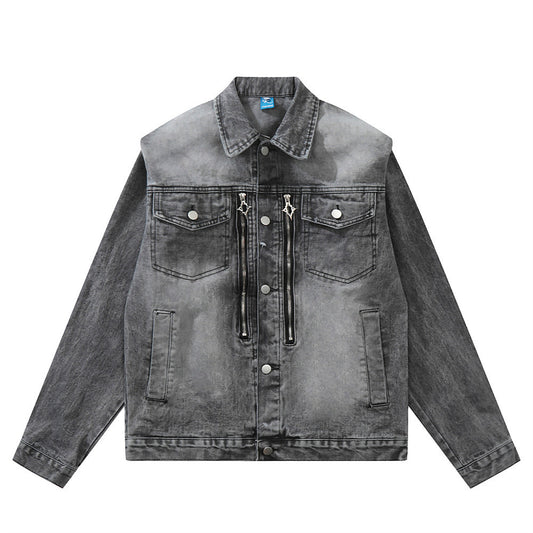 American Style Retro Washed Distressed Denim Jacket Men's Zipper Ruffle Handsome Stylish Brand Workwear Jacket