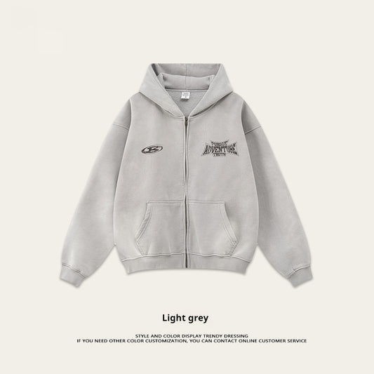 Retro Fashion Brand Dirty Dyed Distressed Oversize Loose Fleece Zipper Sweater