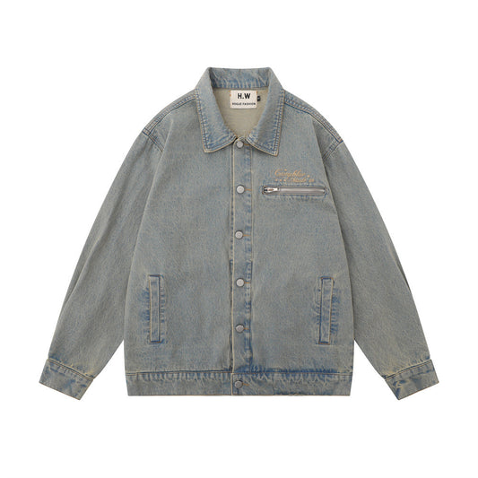 Letter Pattern Denim Coat Men's Autumn And Winter Clothing Loose Shabby Denim Coat