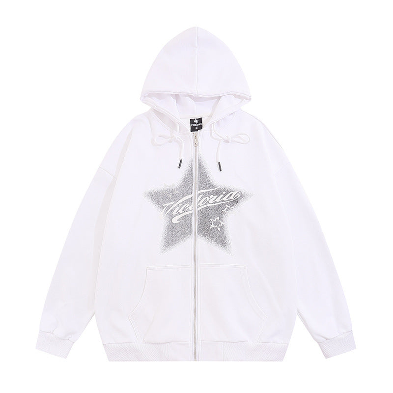 Street American Five-pointed Star Printing Hooded Cardigan Sweater Men