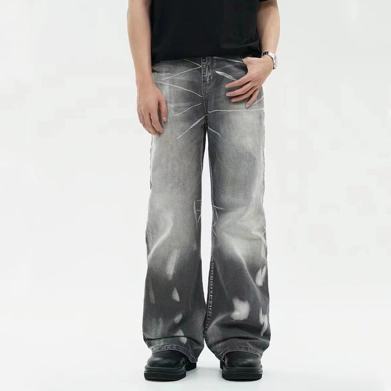 Distressed Washed Gray Jeans Men's American Fashionable Loose