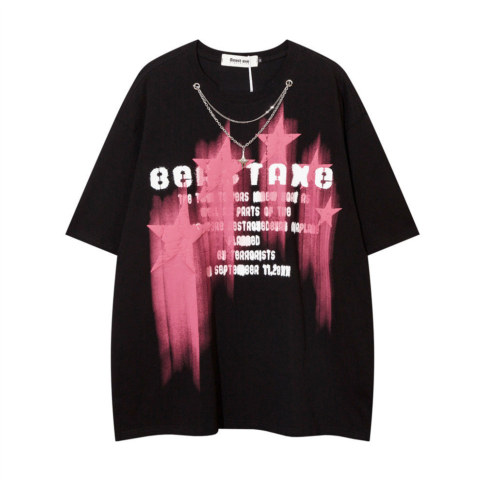 Niche High Street Design Five-pointed Star Puff Print Necklace T-shirt