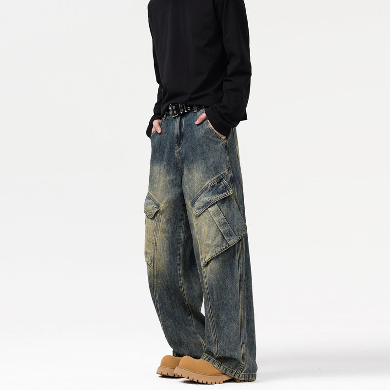 American-style Retro Patchwork Multi-pocket Design Overalls