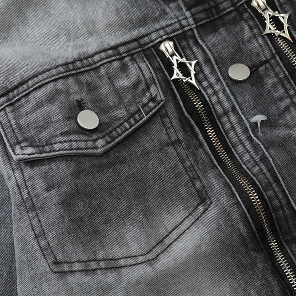 American Style Retro Washed Distressed Denim Jacket Men's Zipper Ruffle Handsome Stylish Brand Workwear Jacket